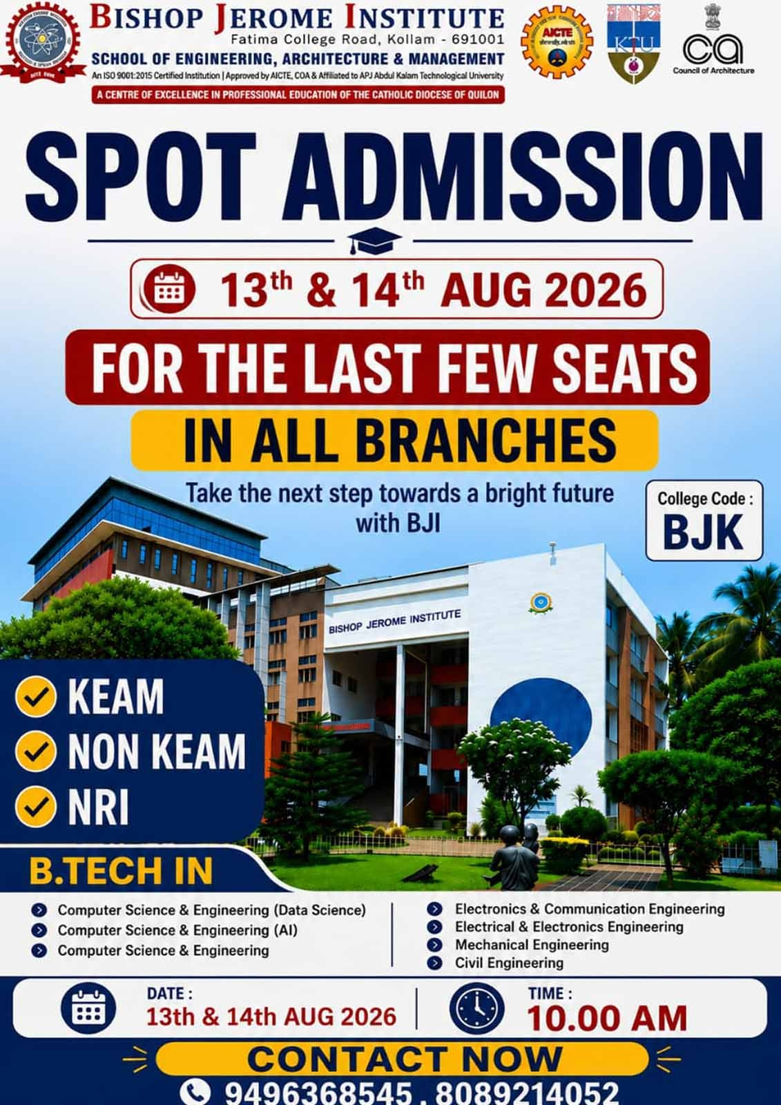 Spot Admission for B.Tech Programs | Bishop Jerome Institute (BJK), Kollam 13,14 August 2026